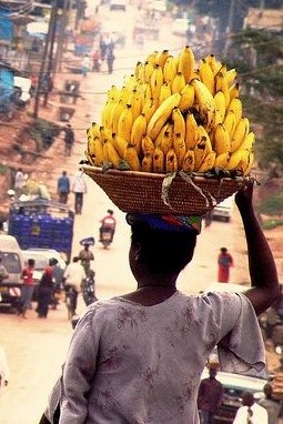 woman carrying basket of bananas on head